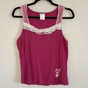 Secret Treasures Large Pink‎ Soft Girl Dainty Coquette Ribbed Tank Bow Lace Trim